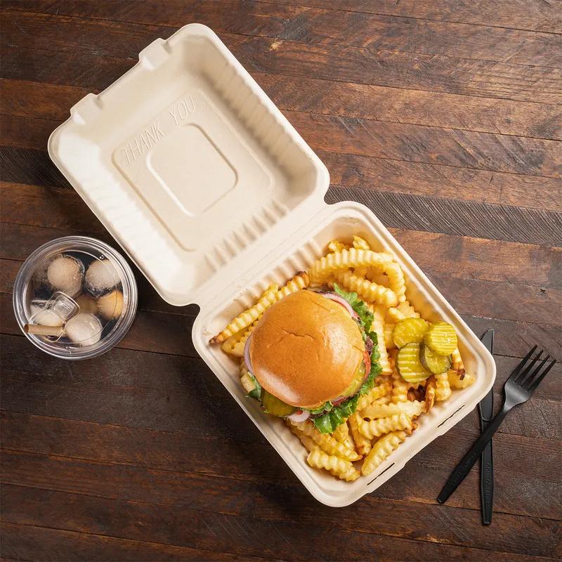 Take-Out Container Hinged 8X8X3 IN Sugarcane 100 Count/Pack 2 Packs/Case