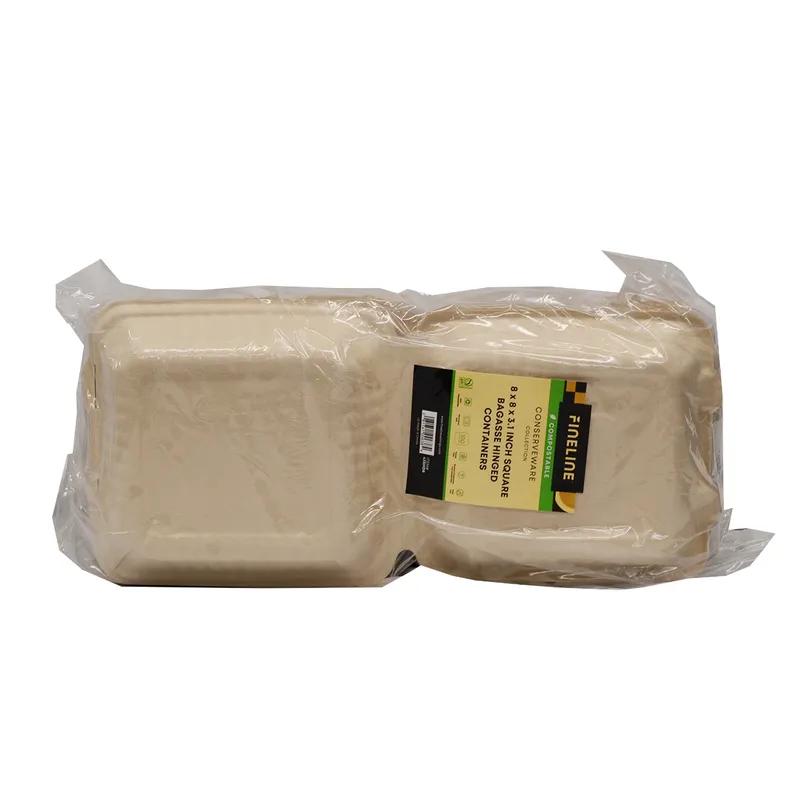 Take-Out Container Hinged 8X8X3 IN Sugarcane 100 Count/Pack 2 Packs/Case