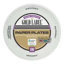 Gold Label® Plate 9 IN Coated Paper White Round Microwavable-Base Only Grease Resistant 100 Count/Pack 12 Packs/Case