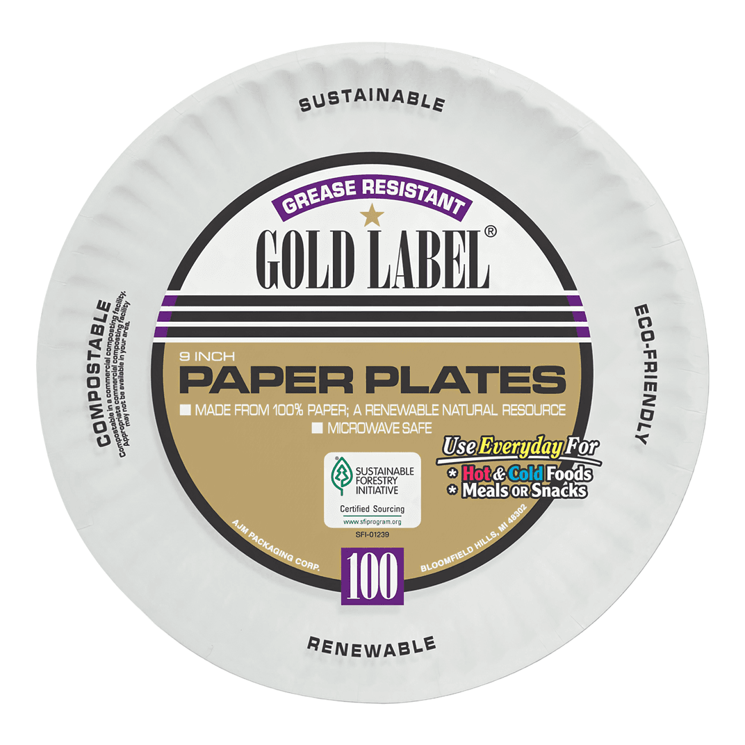 Gold Label® Plate 9 IN Coated Paper White Round Microwavable-Base Only Grease Resistant 100 Count/Pack 12 Packs/Case