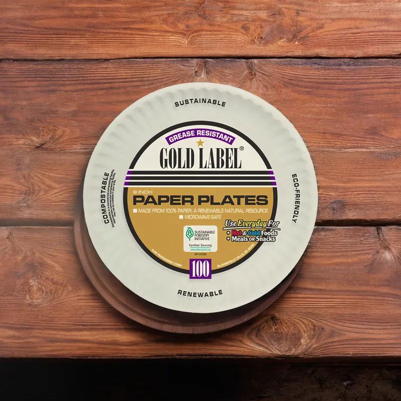 Gold Label® Plate 9 IN Coated Paper White Round Microwavable-Base Only Grease Resistant 100 Count/Pack 12 Packs/Case