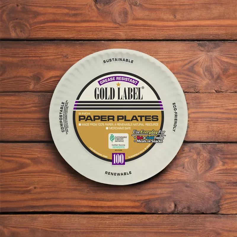 Gold Label® Plate 9 IN Coated Paper White Round Microwavable-Base Only Grease Resistant 100 Count/Pack 12 Packs/Case