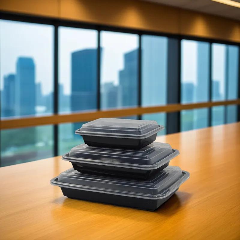 Take-Out Container Base & Lid Combo 16 OZ Plastic Black Rectangle Heavy Duty 120/Case