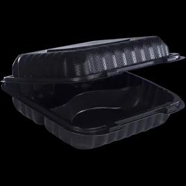 BIONATURE Take-Out Container Hinged 8X8X2.86 IN 3 Compartment MFPP Black 200/Case