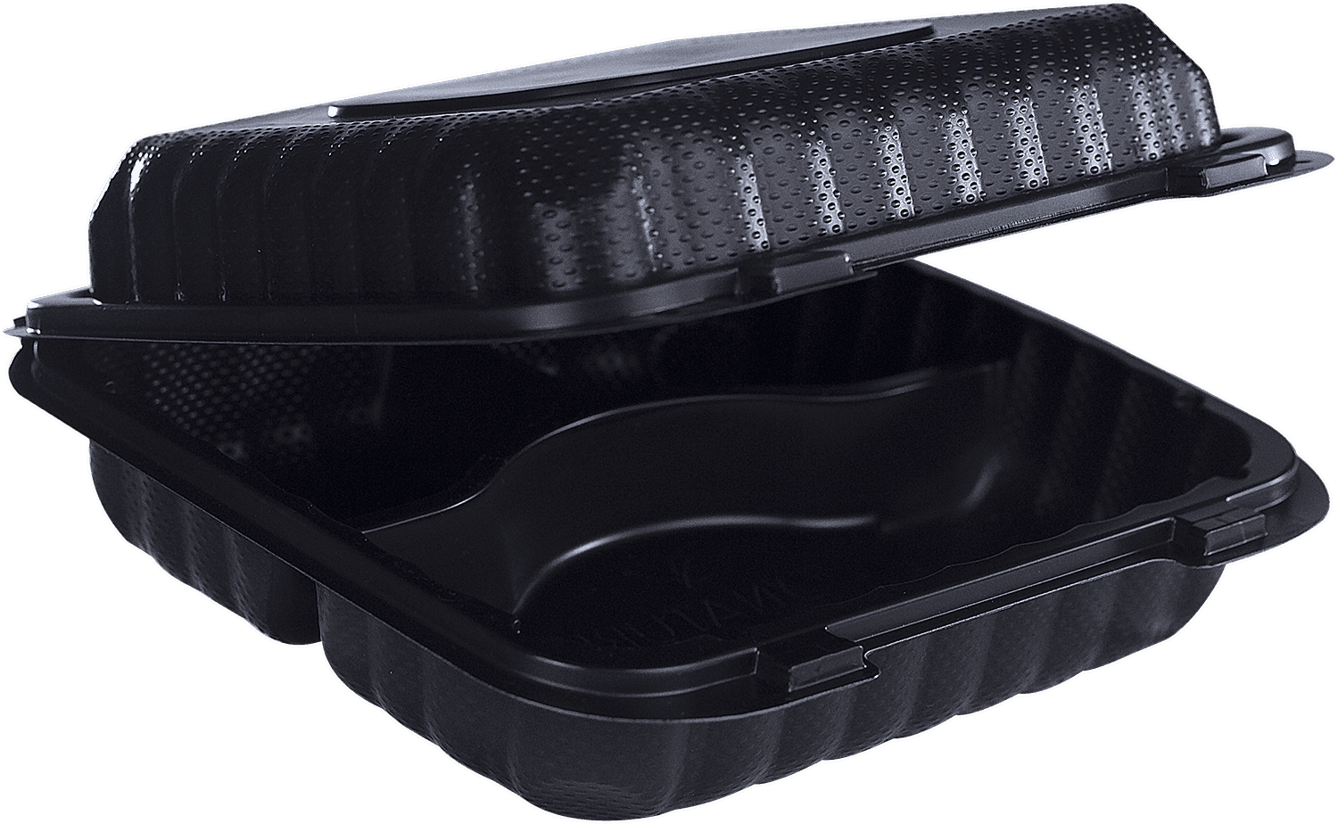 BIONATURE Take-Out Container Hinged 8X8X2.86 IN 3 Compartment MFPP Black 200/Case