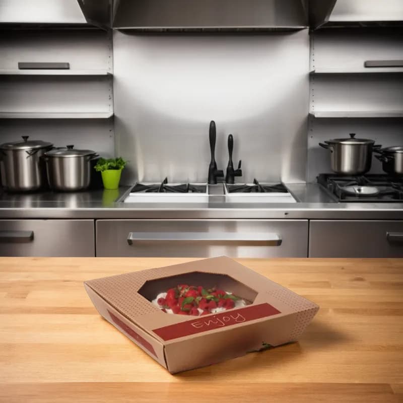 Take-Out Box Hinged With Flat Lid 15.1X15.1X3.25 IN Corrugated Paperboard Kraft Square With Window 35/Case