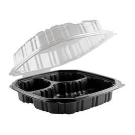 Take-Out Container Hinged 9.48X9.06X3.06 IN 3 Compartment PP Black Clear Square Microwave Safe Anti-Fog 120/Case