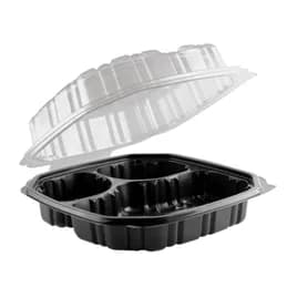 Take-Out Container Hinged 9.48X9.06X3.06 IN 3 Compartment PP Black Clear Square Microwave Safe Anti-Fog 120/Case