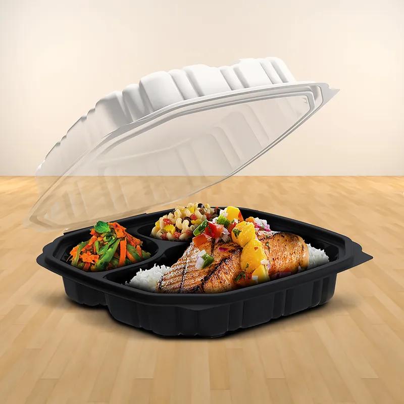 Take-Out Container Hinged 9.48X9.06X3.06 IN 3 Compartment PP Black Clear Square Microwave Safe Anti-Fog 120/Case