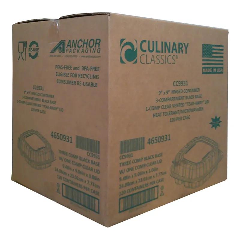 Take-Out Container Hinged 9.48X9.06X3.06 IN 3 Compartment PP Black Clear Square Microwave Safe Anti-Fog 120/Case