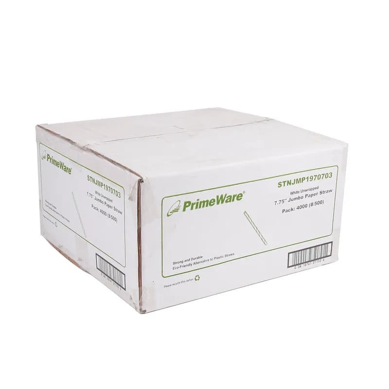 PrimeWare® Jumbo Straw 7.75 IN Paper White Unwrapped 500 Count/Pack 8 Packs/Case 4000 Count/Case