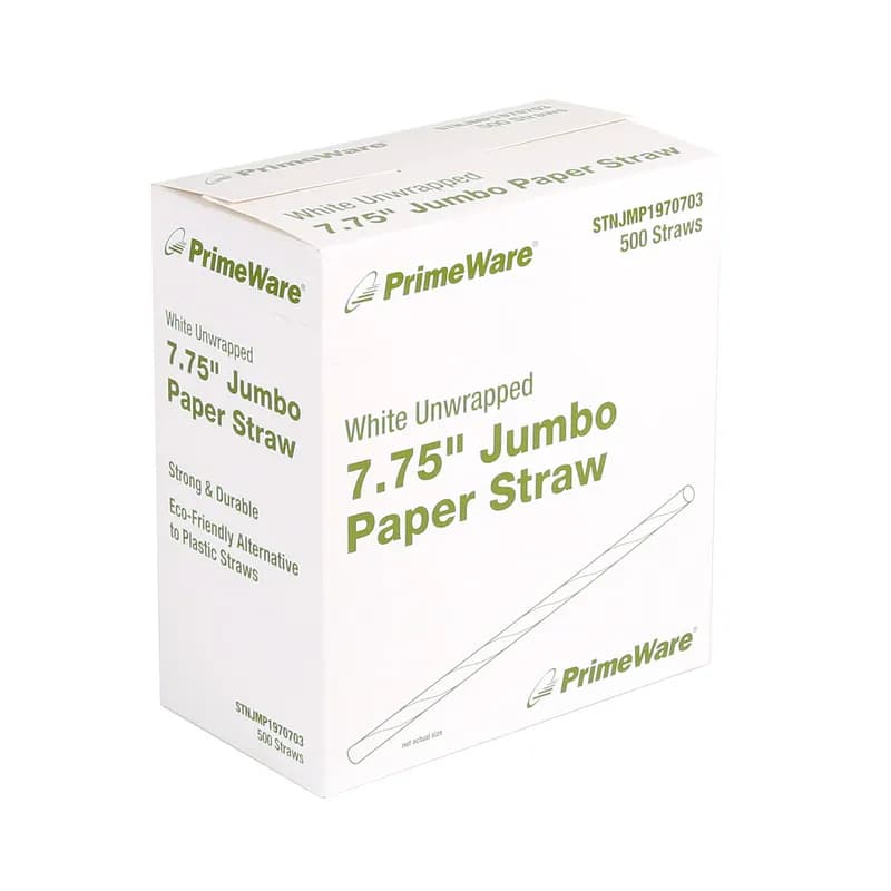 PrimeWare® Jumbo Straw 7.75 IN Paper White Unwrapped 500 Count/Pack 8 Packs/Case 4000 Count/Case