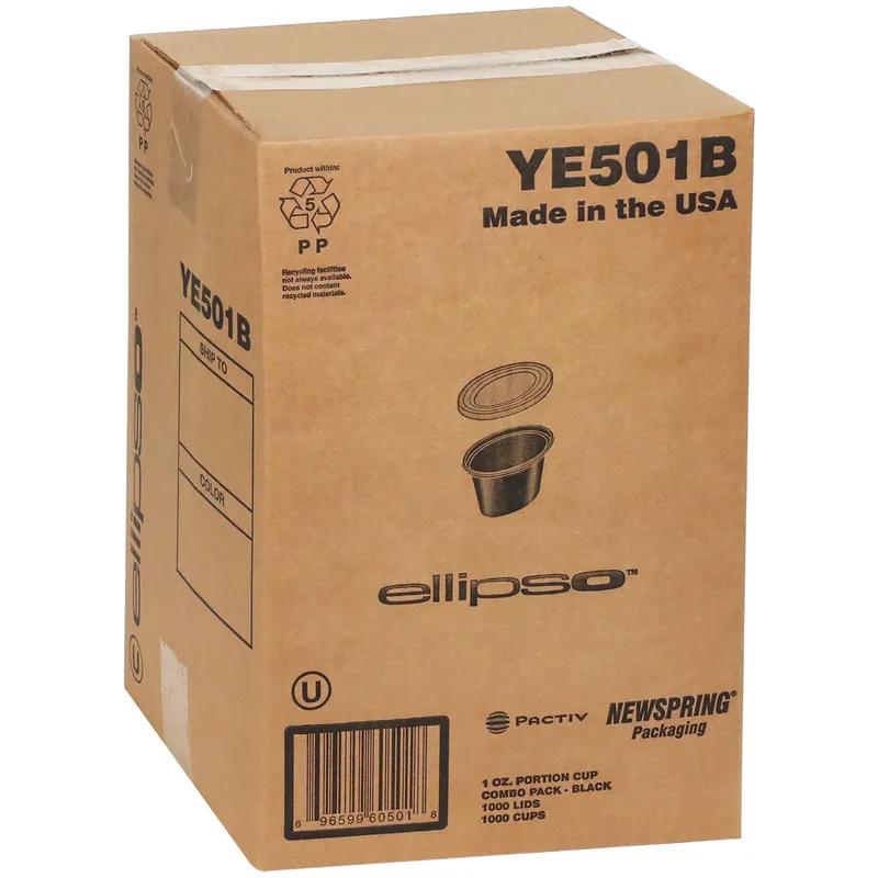 Souffle & Portion Cup Lid Combo 1 OZ PP Black Clear Oval Stackable Leak Resistant 1000/Case