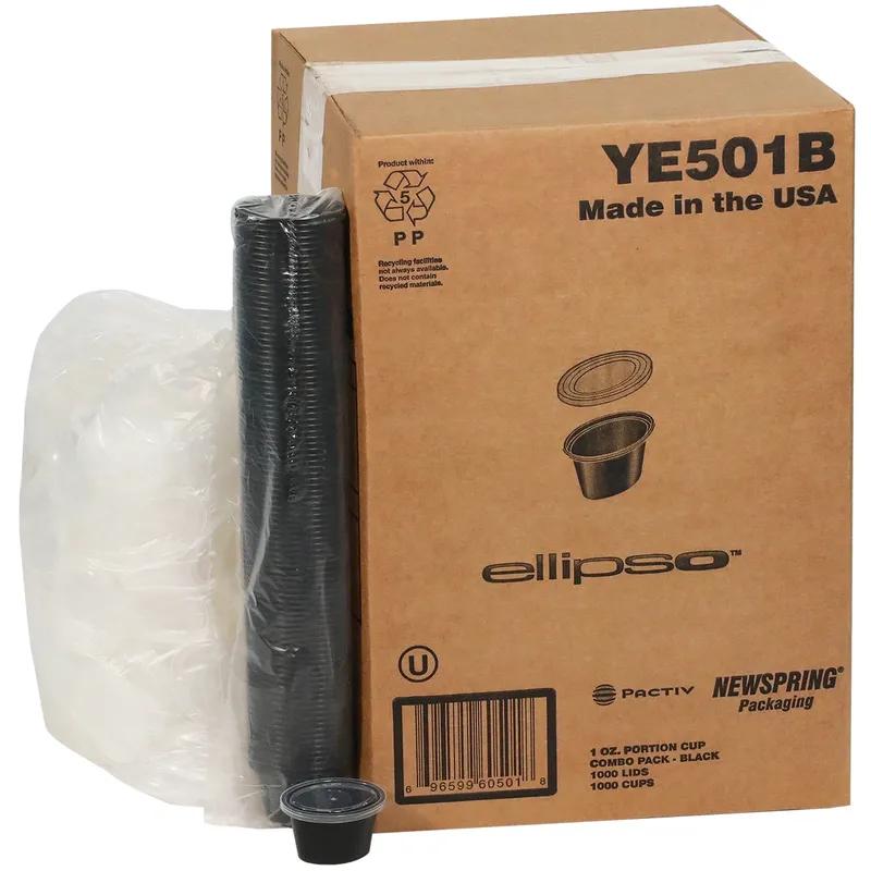 Souffle & Portion Cup Lid Combo 1 OZ PP Black Clear Oval Stackable Leak Resistant 1000/Case