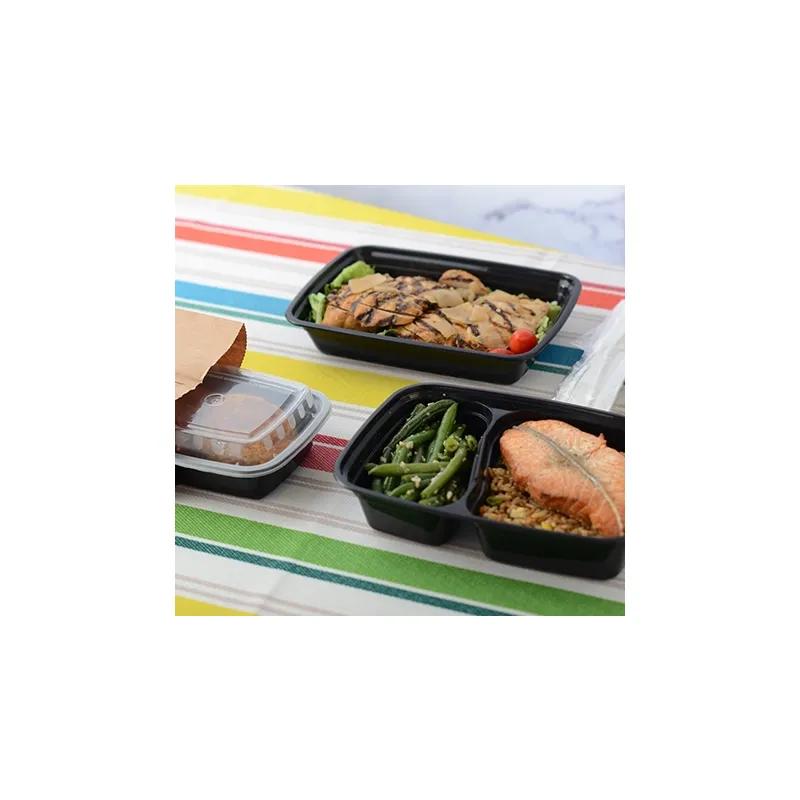 Take-Out Container Base & Lid Combo 32 OZ 2 Compartment Black Rectangle Microwave Safe 150/Case