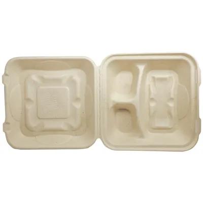 Take-Out Container Hinged 9X9X3 IN 3 Compartment Bamboo Plant Fiber 300/Case
