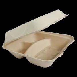 Take-Out Container Hinged 9.3X9X3.3 IN 3 Compartment Fiber Brown Plain Rectangle Freezer Safe 300/Case