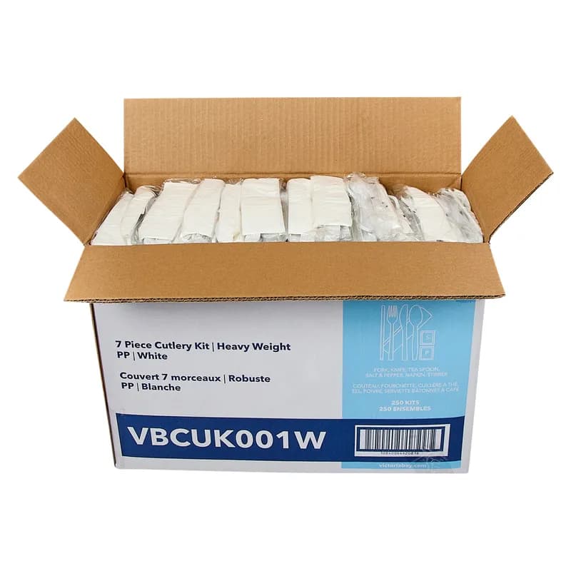 Victoria Bay 7PC Cutlery Kit PP White Heavyweight With Napkin,Fork,Knife,Teaspoon,Salt & Pepper,Stirrer 250/Case
