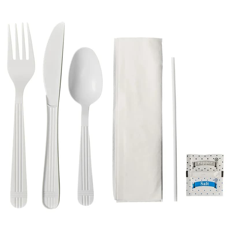 Victoria Bay 7PC Cutlery Kit PP White Heavyweight With Napkin,Fork,Knife,Teaspoon,Salt & Pepper,Stirrer 250/Case