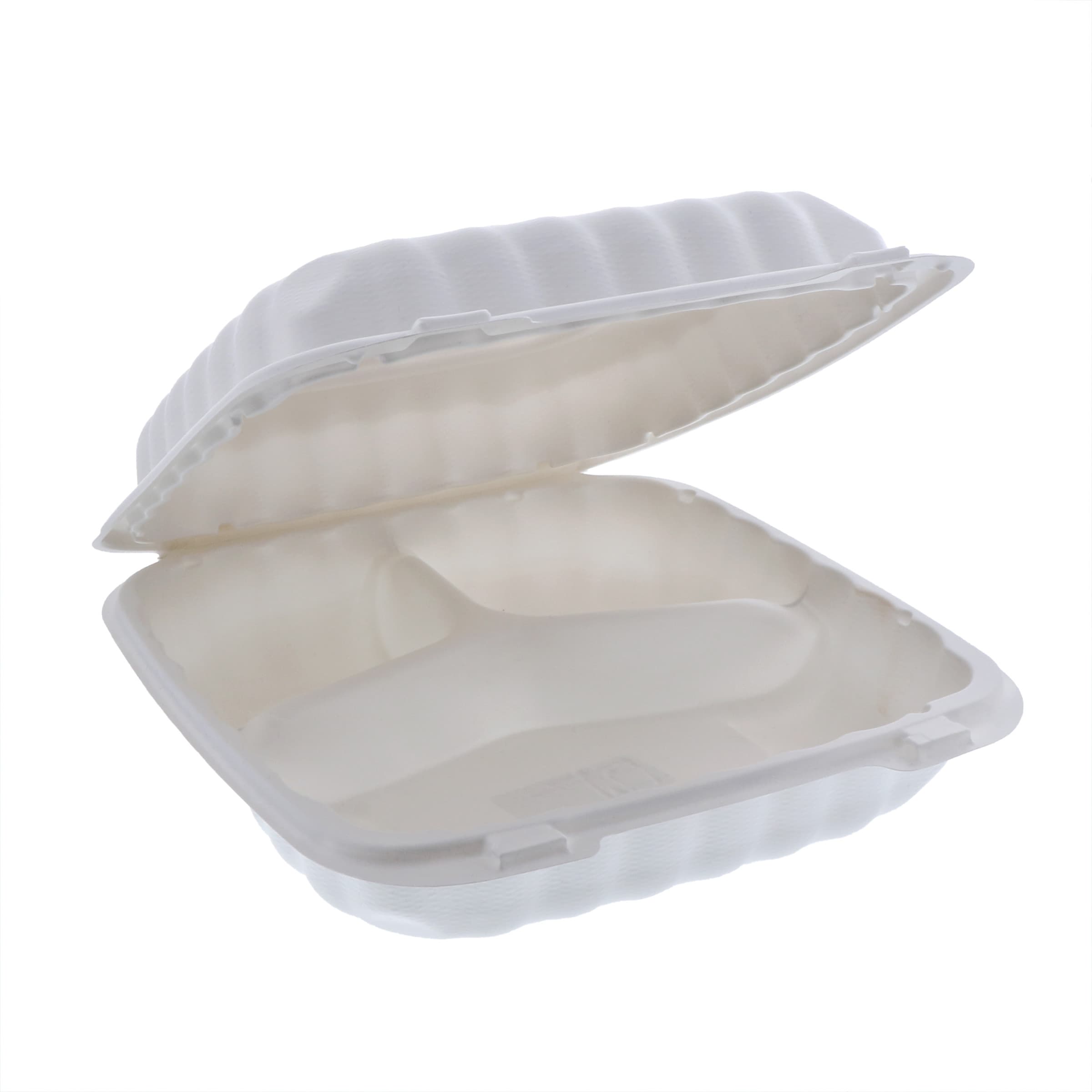Take-Out Container Hinged With Dome Lid 9.3X8.9X3.1 IN 3 Compartment MFPP White Square 120/Case