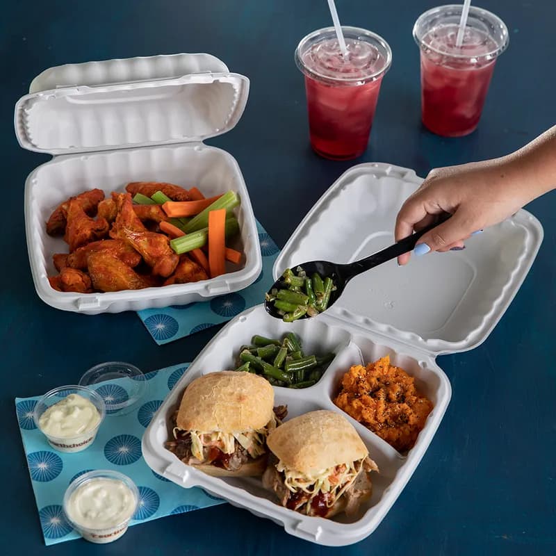 Take-Out Container Hinged With Dome Lid 9.3X8.9X3.1 IN 3 Compartment MFPP White Square 120/Case