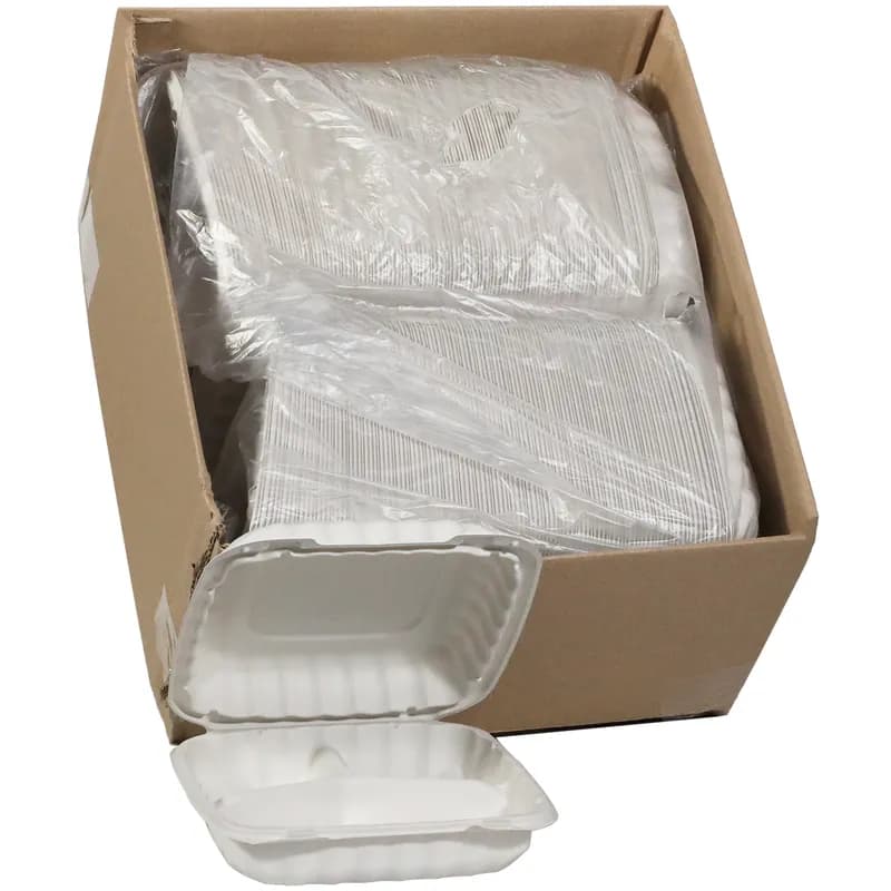 Take-Out Container Hinged With Dome Lid 9.3X8.9X3.1 IN 3 Compartment MFPP White Square 120/Case