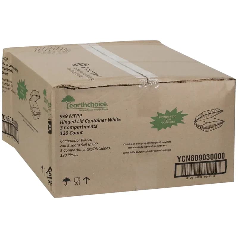 Take-Out Container Hinged With Dome Lid 9.3X8.9X3.1 IN 3 Compartment MFPP White Square 120/Case