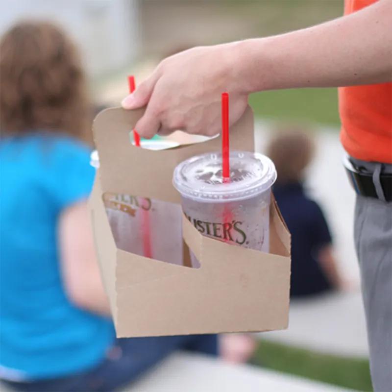 Cup Carrier 6.5X6.25X9 IN 4 Compartment Paper Beige For 24 OZ With Handle Reusable 250/Case