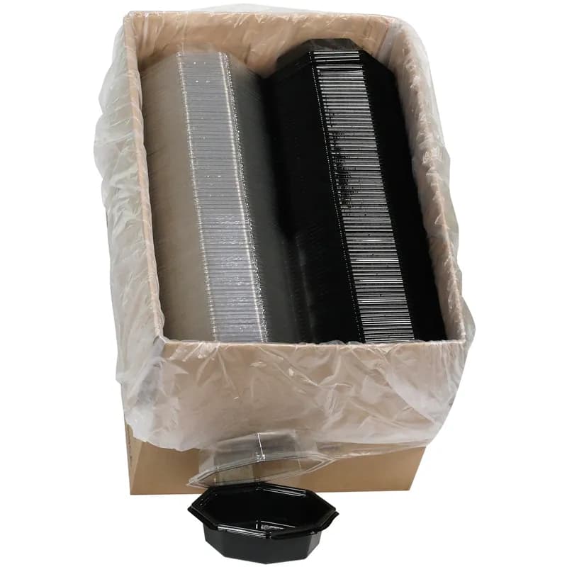 Take-Out Container Hinged With Dome Lid 6.5X6.5X3.25 IN PET Black Clear Octagon 150/Case