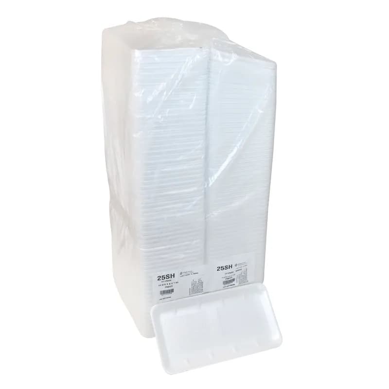 25S Supermarket Tray 14.9X8X1 IN Polystyrene Foam White Rectangle Heavy Family Pack 250/Case