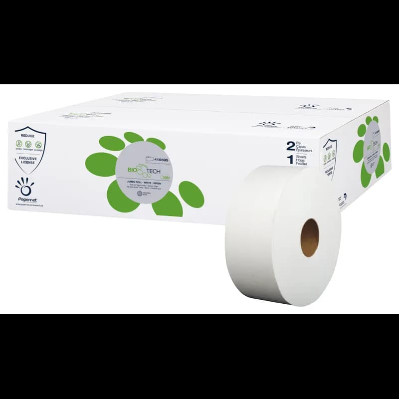 Bio Tech Toilet Paper & Tissue Roll 1000 FT Virgin Pulp White Jumbo Jr (JRT) 3.41IN Core Diameter 12/Case