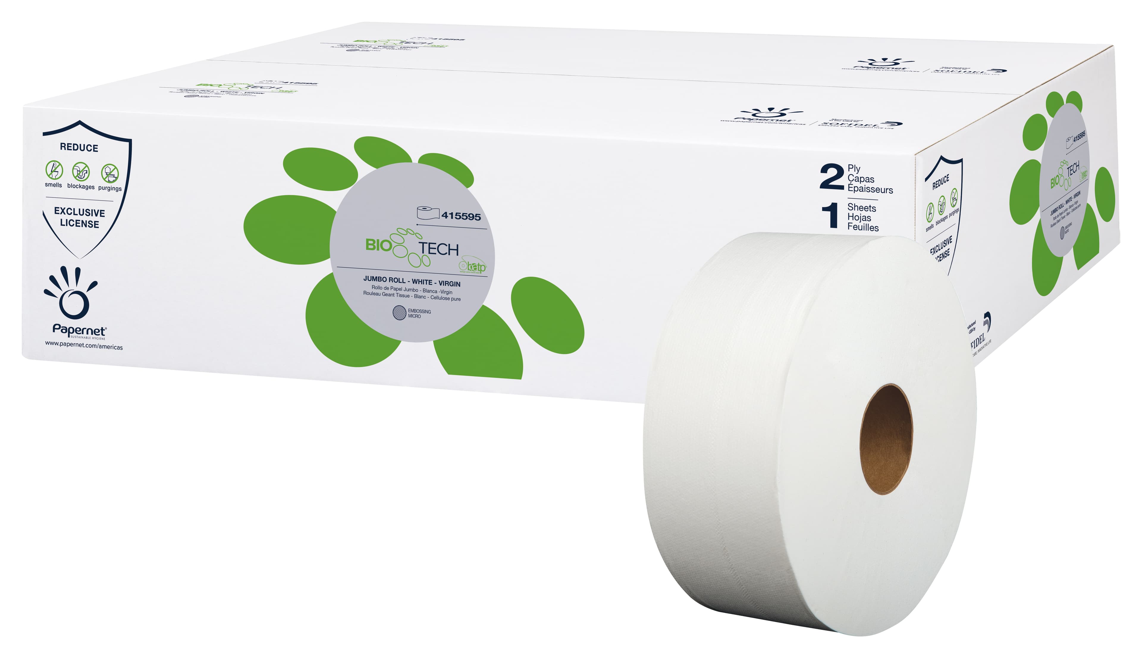 Bio Tech Toilet Paper & Tissue Roll 1000 FT Virgin Pulp White Jumbo Jr (JRT) 3.41IN Core Diameter 12/Case