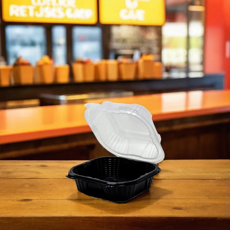 Proview Sandwich Take-Out Container Hinged 6X6 IN PP Black Clear Square 300/Case
