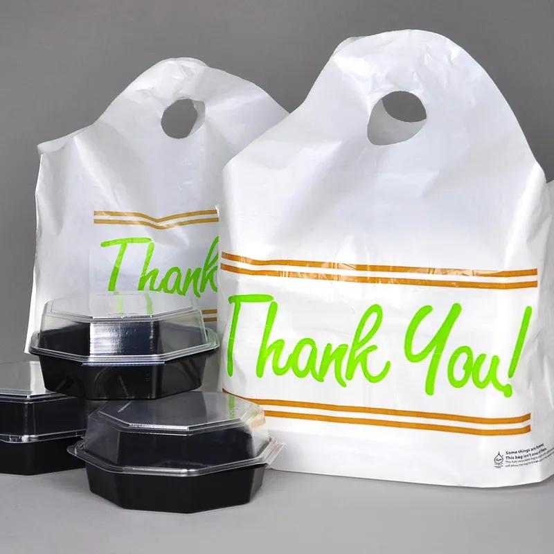 Take-Out Bag 21X10X18 IN HDPE 1.5MIL White Printed Thank You With Wave Top Closure Bottom Gusset With Handle 500/Case