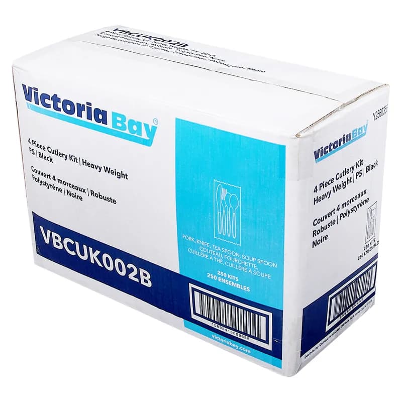 Victoria Bay 4PC Cutlery Kit PS Black Heavyweight Freezer Safe With Fork,Knife,Teaspoon,Soup Spoon 250/Case