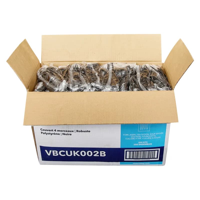 Victoria Bay 4PC Cutlery Kit PS Black Heavyweight Freezer Safe With Fork,Knife,Teaspoon,Soup Spoon 250/Case