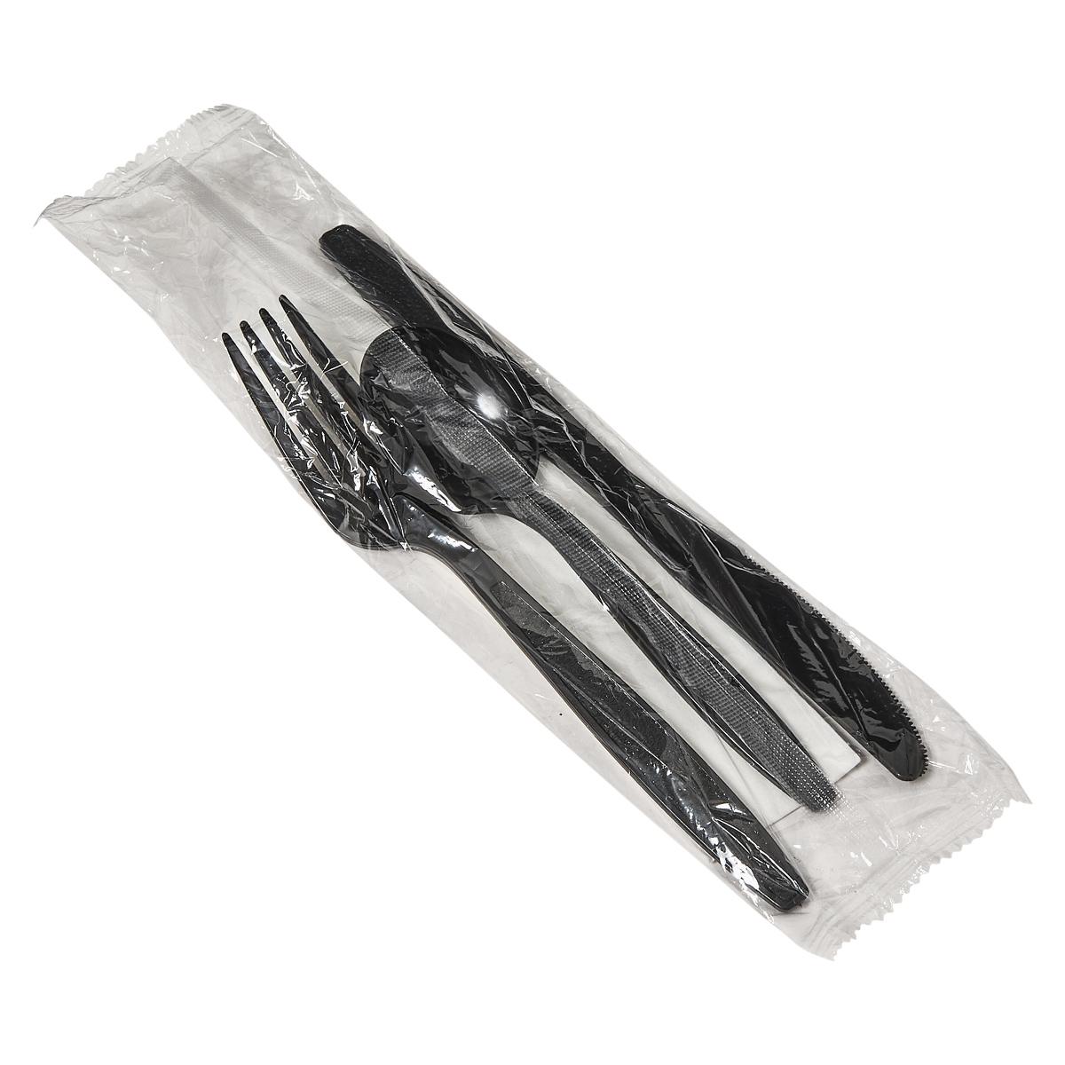 Victoria Bay 4PC Cutlery Kit PS Black Heavyweight Freezer Safe With White Napkin,Fork,Knife,Soup Spoon 250/Case