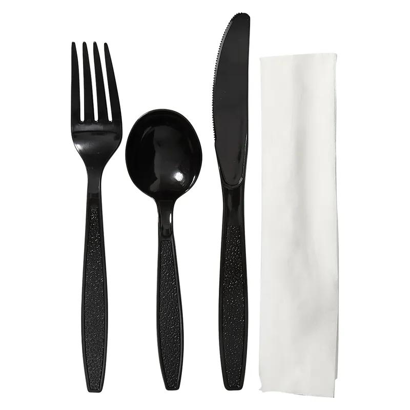 Victoria Bay 4PC Cutlery Kit PS Black Heavyweight Freezer Safe With White Napkin,Fork,Knife,Soup Spoon 250/Case