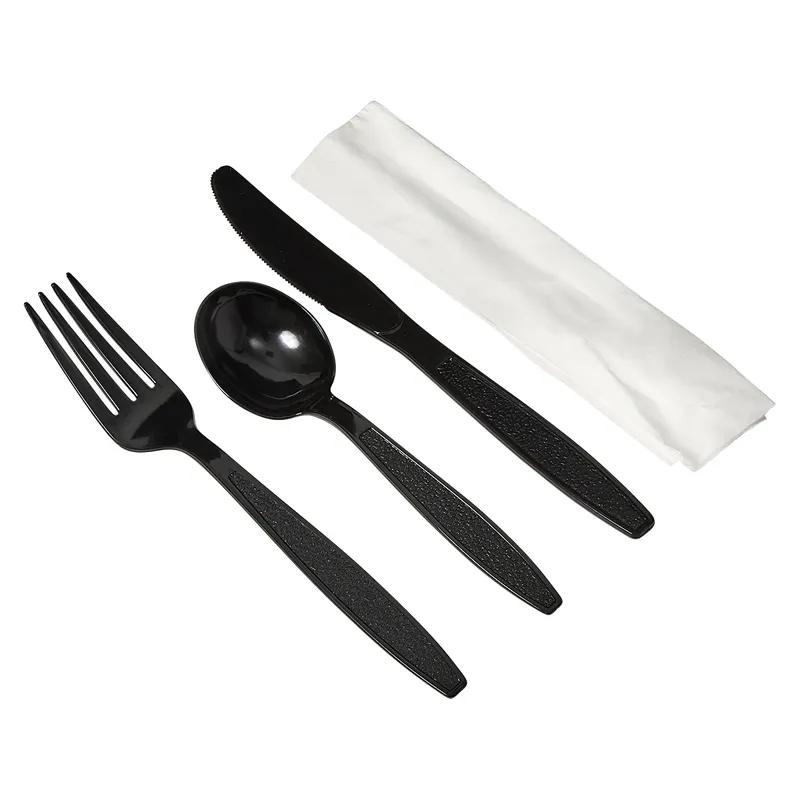 Victoria Bay 4PC Cutlery Kit PS Black Heavyweight Freezer Safe With White Napkin,Fork,Knife,Soup Spoon 250/Case