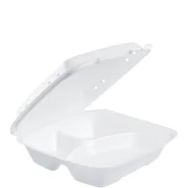 Dart® Take-Out Container Hinged 9.4X9.01X3.1 IN 3 Compartment XPS White Insulated Vented 100 Count/Bag 2 Bags/Case