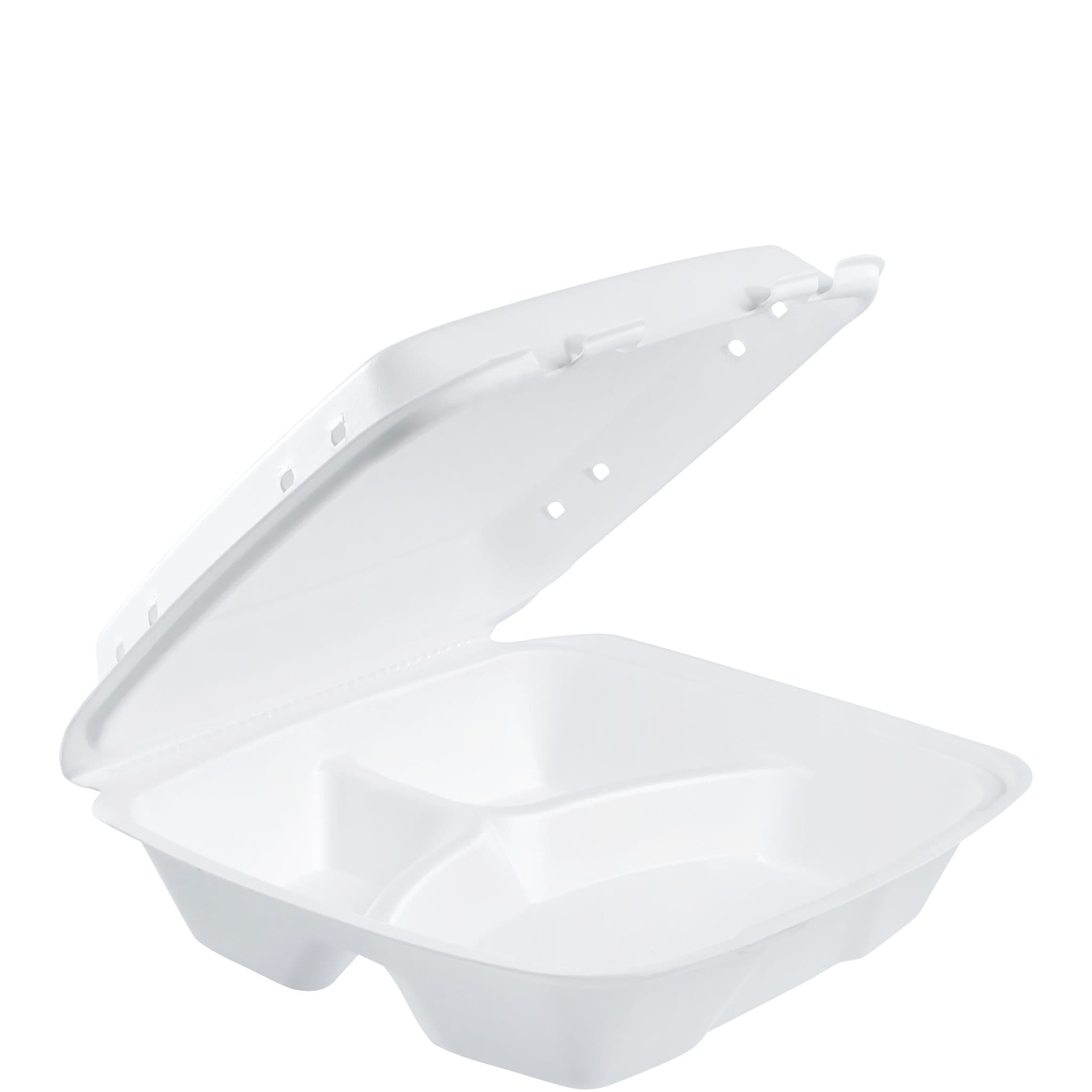 Dart® Take-Out Container Hinged 9.4X9.01X3.1 IN 3 Compartment XPS White Insulated Vented 100 Count/Bag 2 Bags/Case