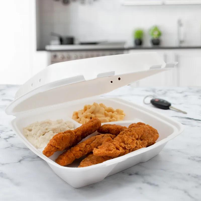 Dart® Take-Out Container Hinged 9.4X9.01X3.1 IN 3 Compartment XPS White Insulated Vented 100 Count/Bag 2 Bags/Case