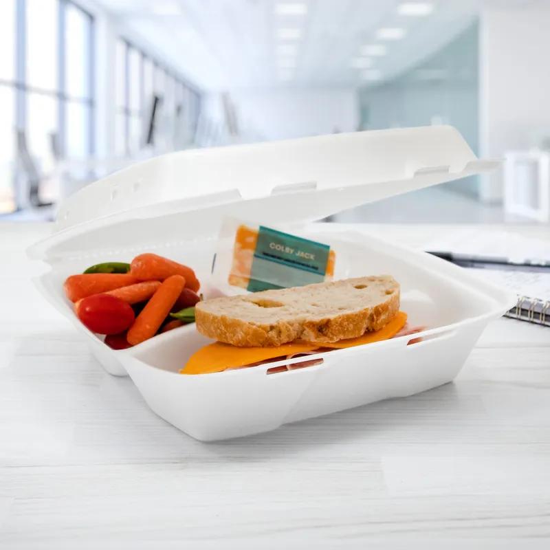 Dart® Take-Out Container Hinged 9.4X9.01X3.1 IN 3 Compartment XPS White Insulated Vented 100 Count/Bag 2 Bags/Case