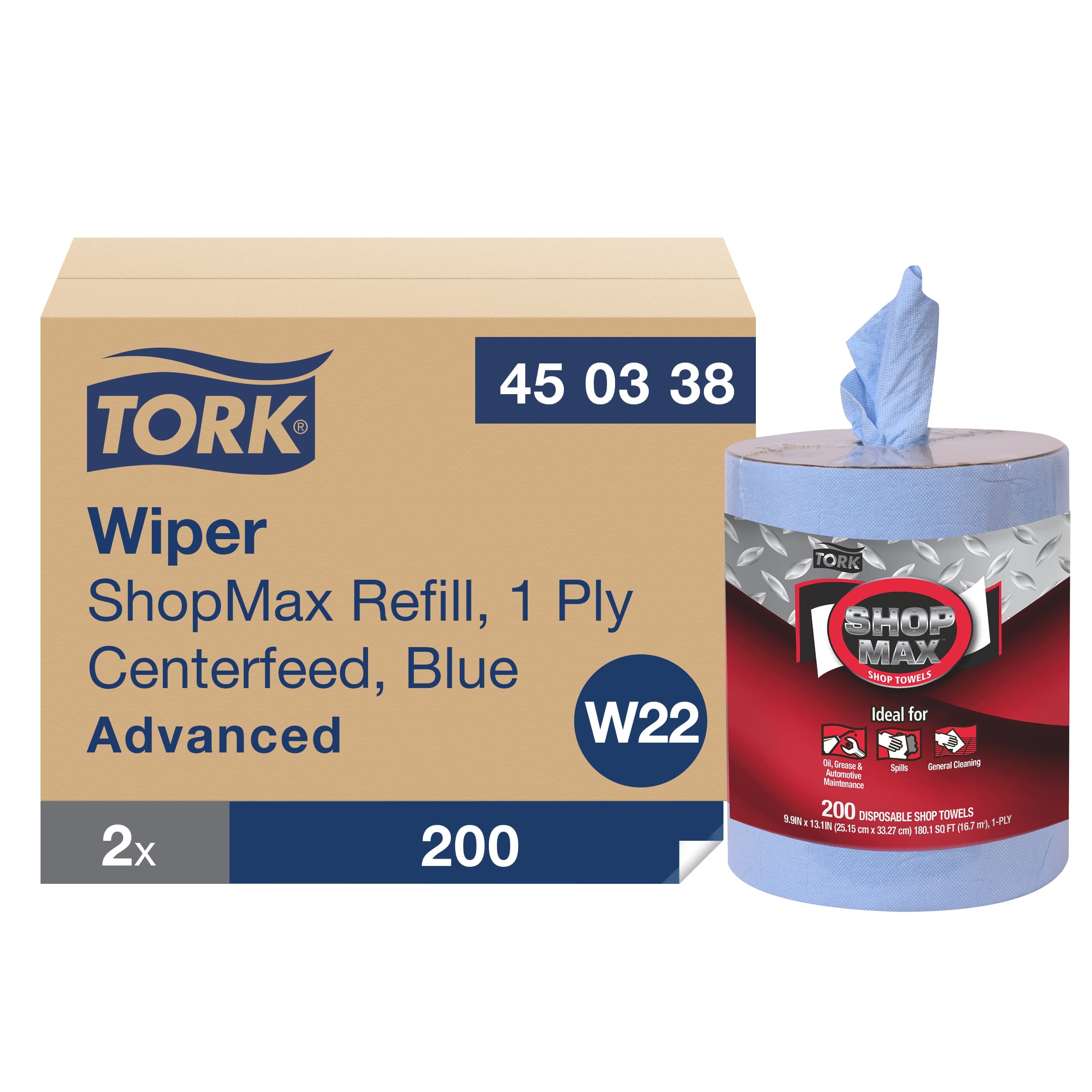 Tork ShopMax Cleaning Wipe 13.10X9.90 IN 218.33 FT 1 Cloth Blue Centerpull Refill Heavy Duty 200 Count/Pack 2 Packs/Case