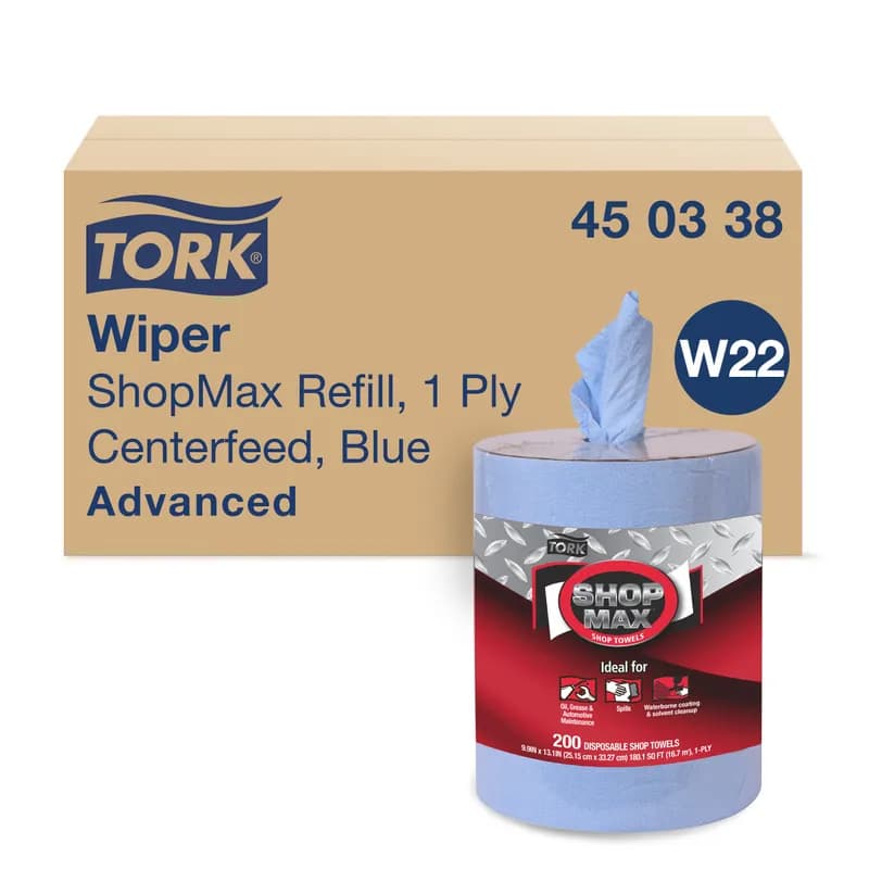 Tork ShopMax Cleaning Wipe 13.10X9.90 IN 218.33 FT 1 Cloth Blue Centerpull Refill Heavy Duty 200 Count/Pack 2 Packs/Case