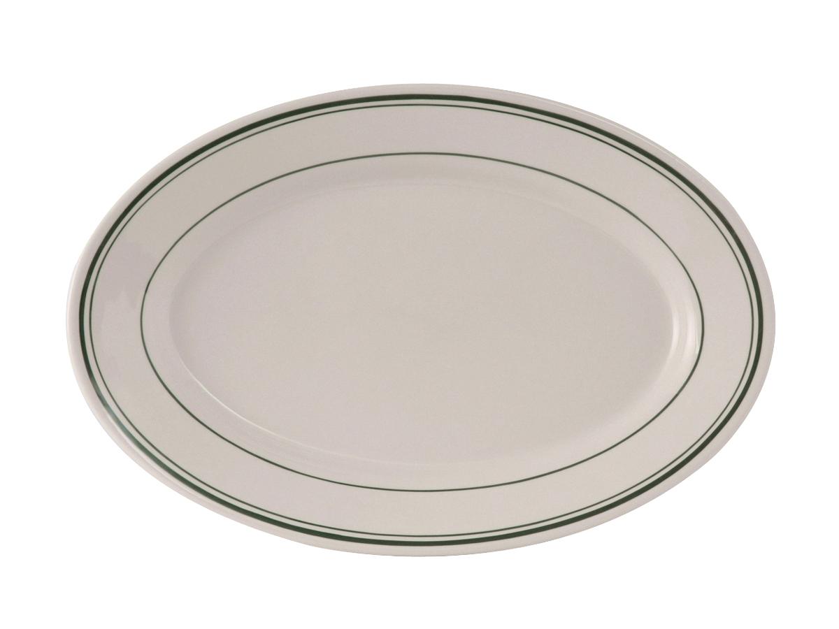 Green Bay Platter 13.5X9 IN China Eggshell Oval Wide Rim Rolled Edge Banded Fully Vitrified 12/Case
