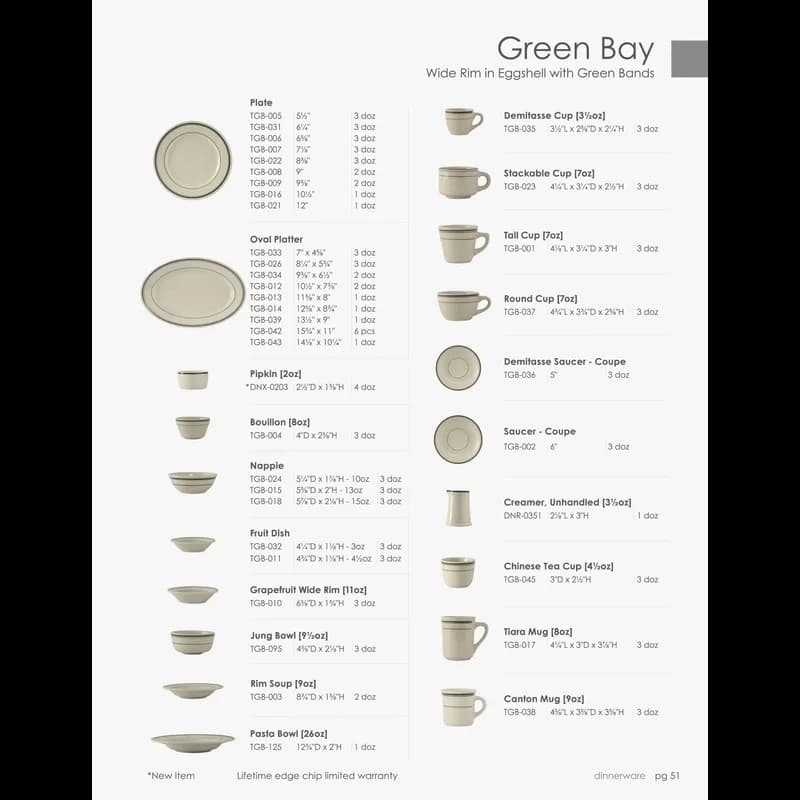 Green Bay Plate 6.625 IN China Eggshell Round Wide Rim Rolled Edge Banded Fully Vitrified 36/Case