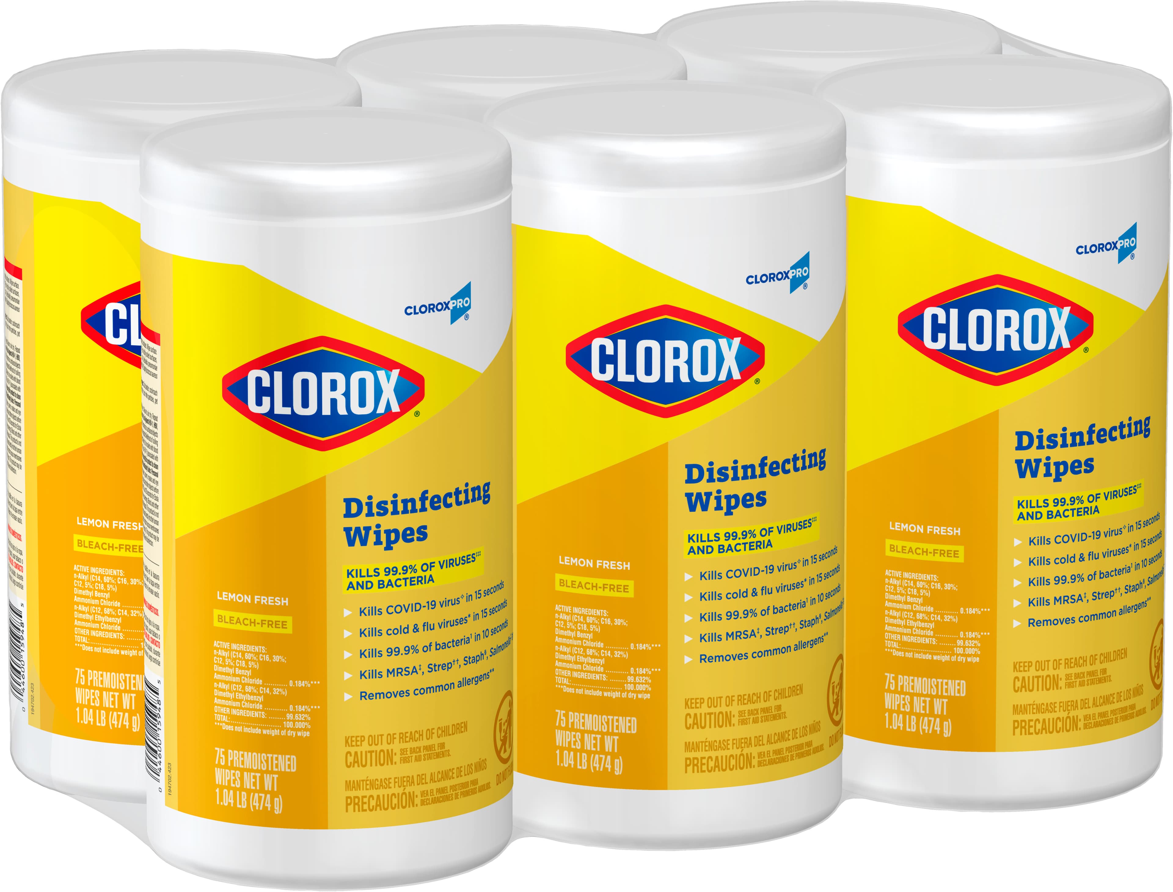 Clorox® Lemon Fresh One-Step Disinfectant Multi Surface Wipe Bleach-Free Antibacterial 75 Count/Pack 6 Packs/Case