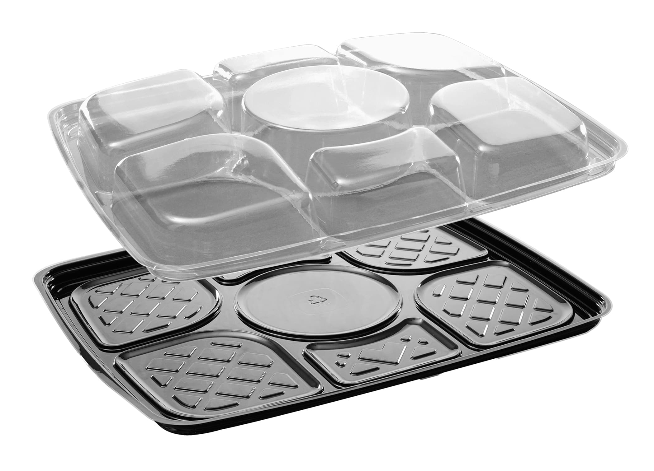 Dip Food Tray Base & Lid Combo 96 FLOZ 6 Compartment PET Black Clear 60/Case