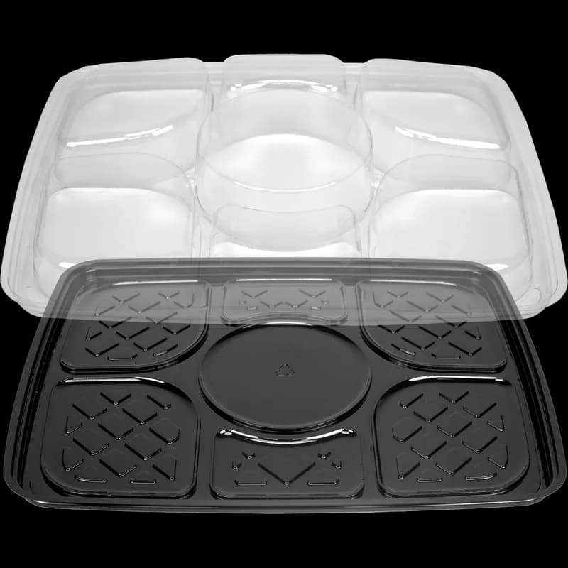 Dip Food Tray Base & Lid Combo 96 FLOZ 6 Compartment PET Black Clear 60/Case